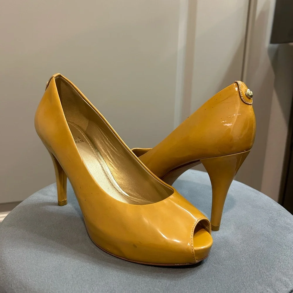 Stuart Weitzman Patent Leather Peep-Toe Heels - Picture 1 of 11